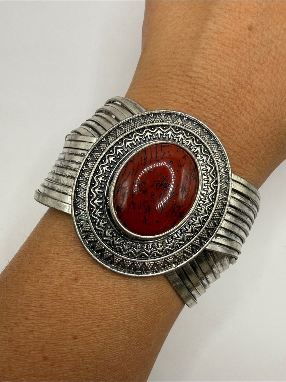 Vintage Premier Designs Silver Tone Red Large Cuff Bangle Cuff Bracelet